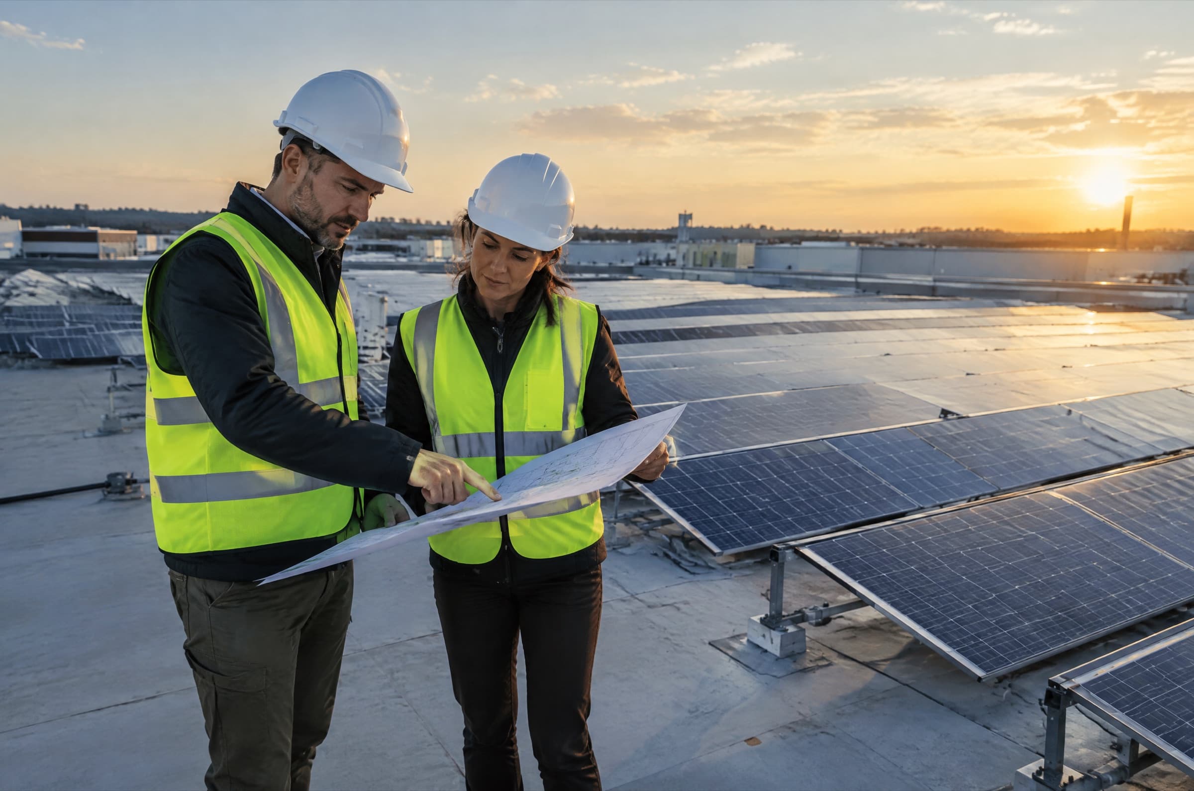 Two solar project staff in hard hats reviewing site plans on a commercial rooftop array