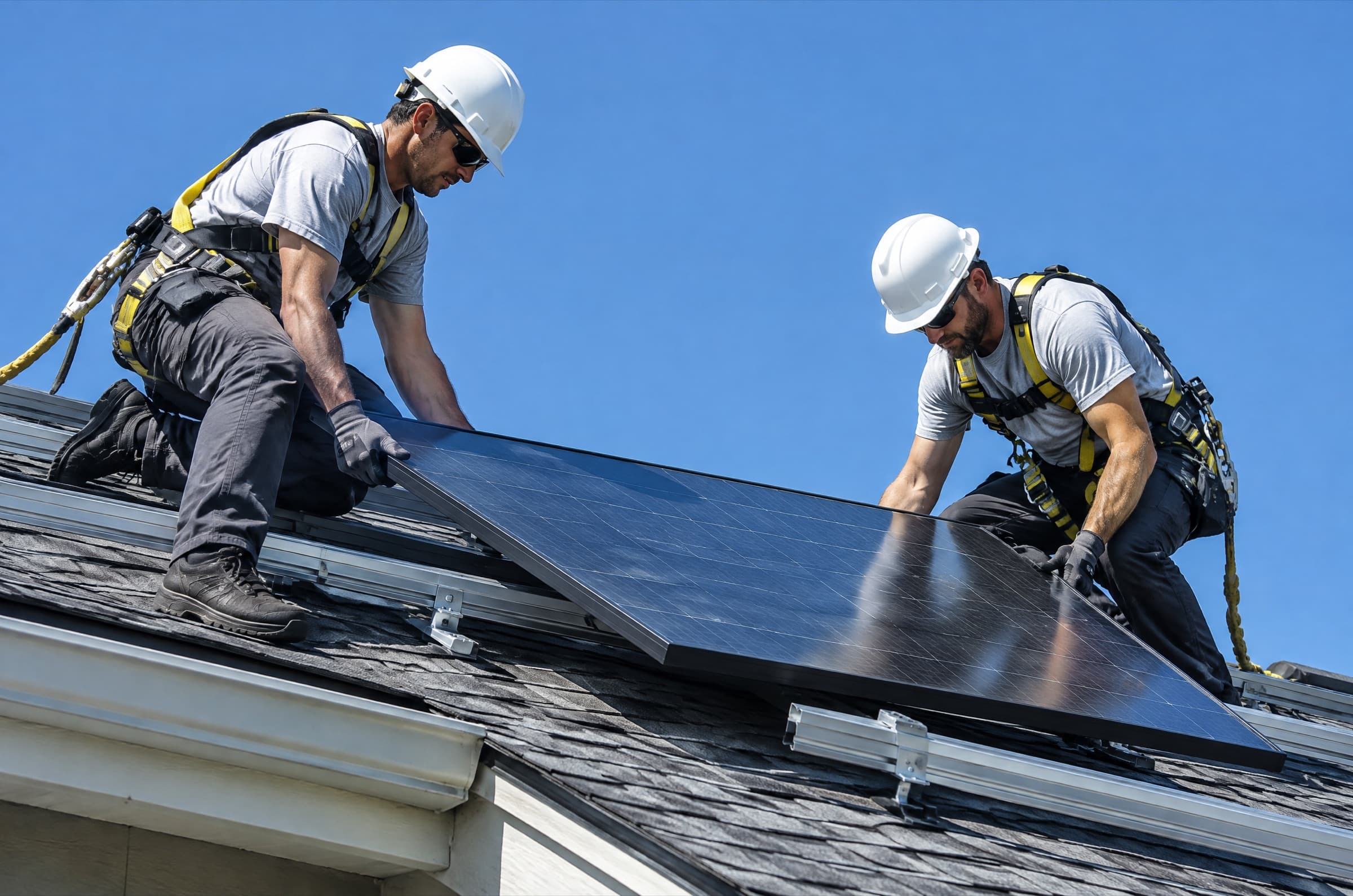 Two solar installers mounting a panel on a residential roof
