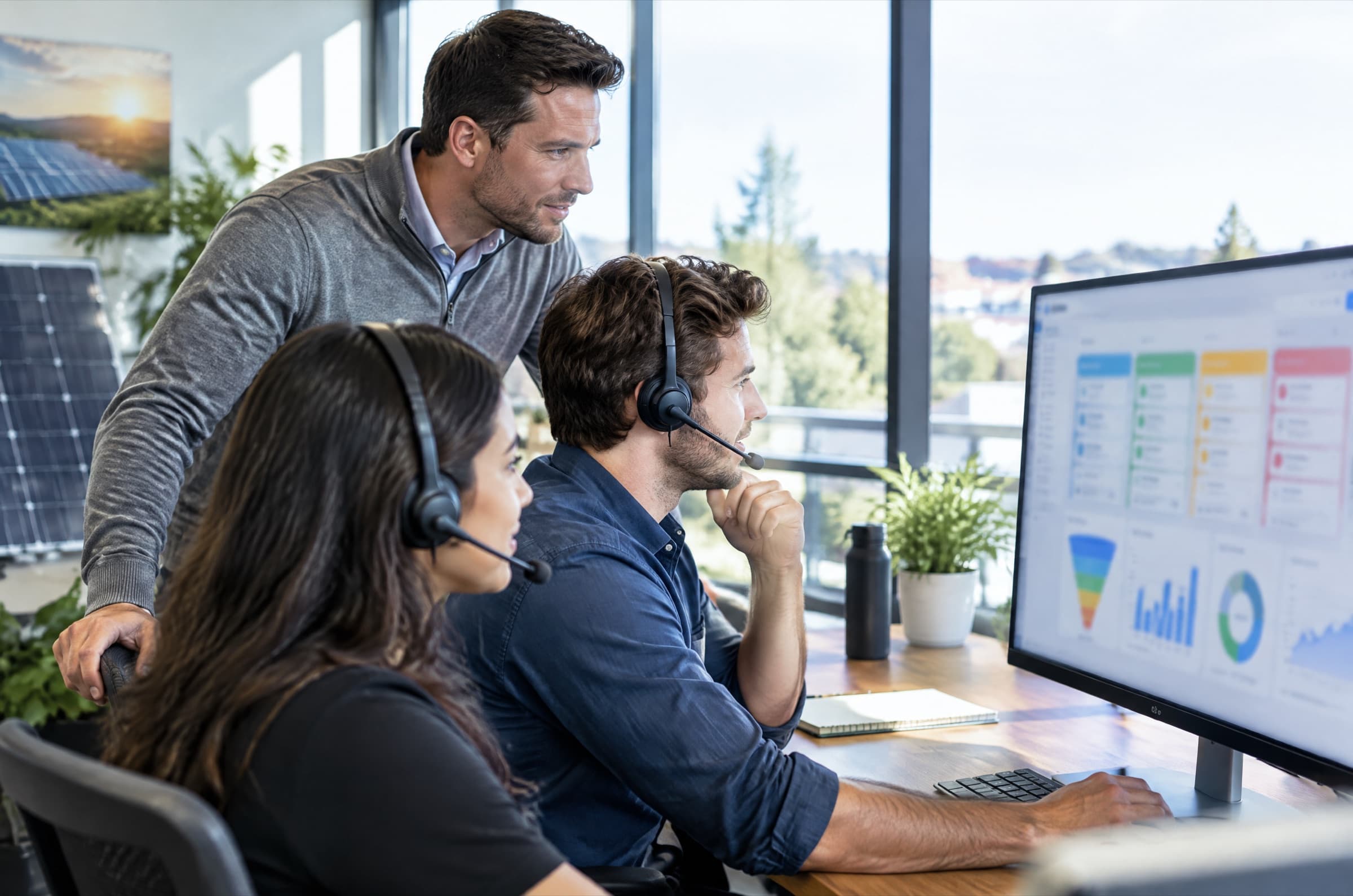 Sales manager and two reps wearing headsets reviewing an appointment pipeline dashboard