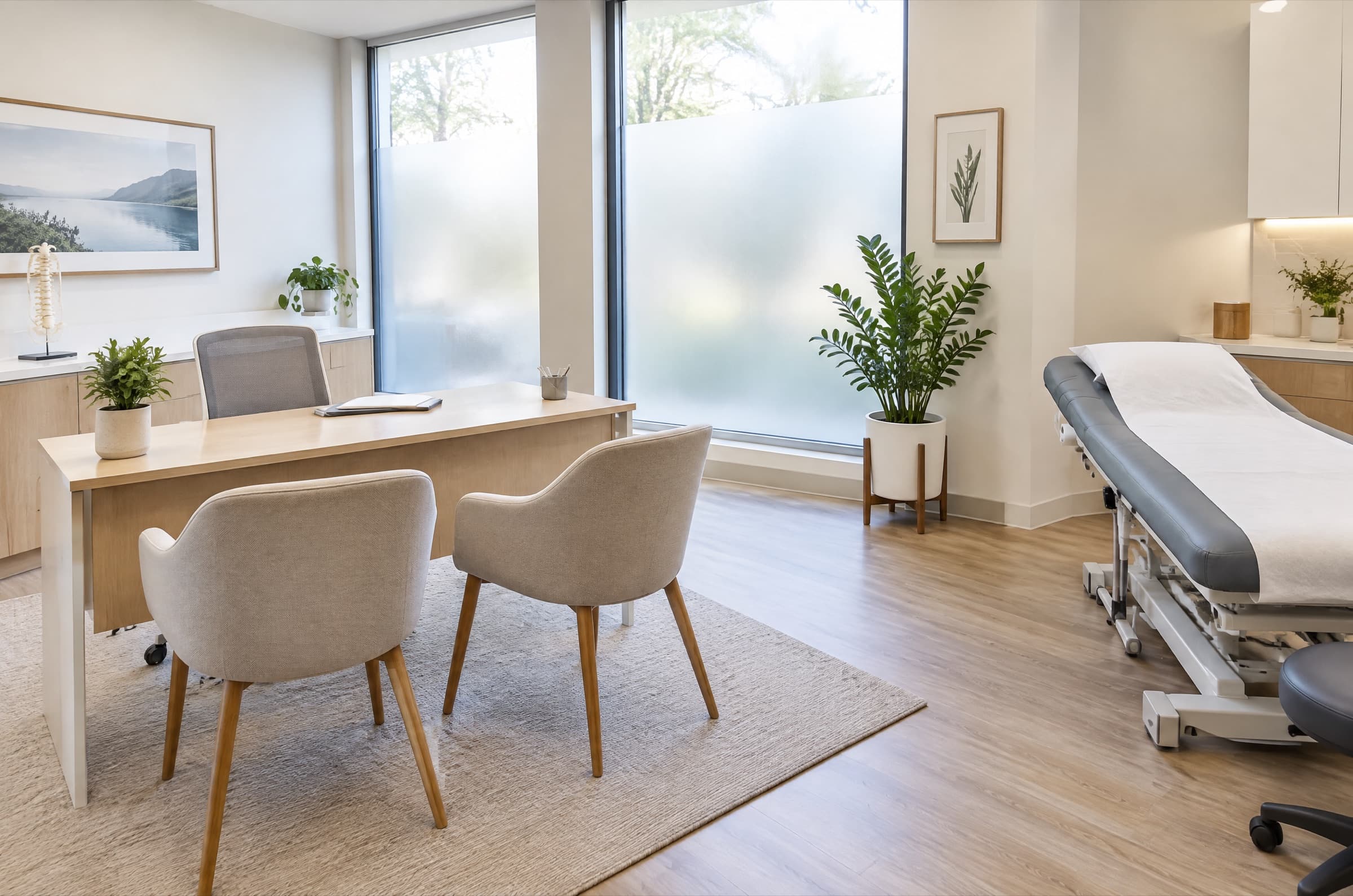 Bright clinic consultation room with a desk, two armchairs, an exam table and a spine model by the window