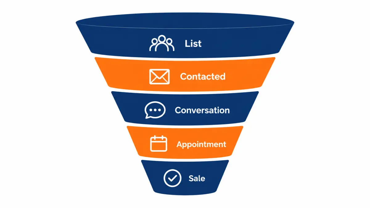 Funnel diagram from list to sale for an aged lead program