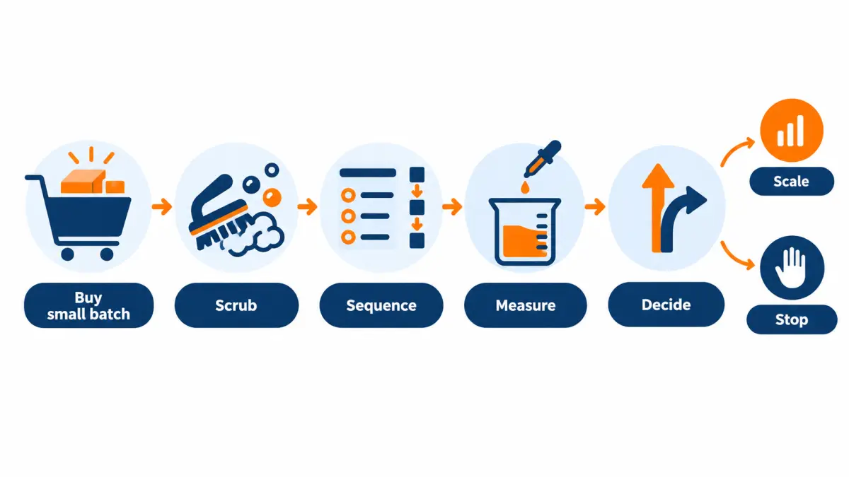 Flowchart of a small batch test from purchase through scrubbing, sequencing, measuring and a scale or stop decision