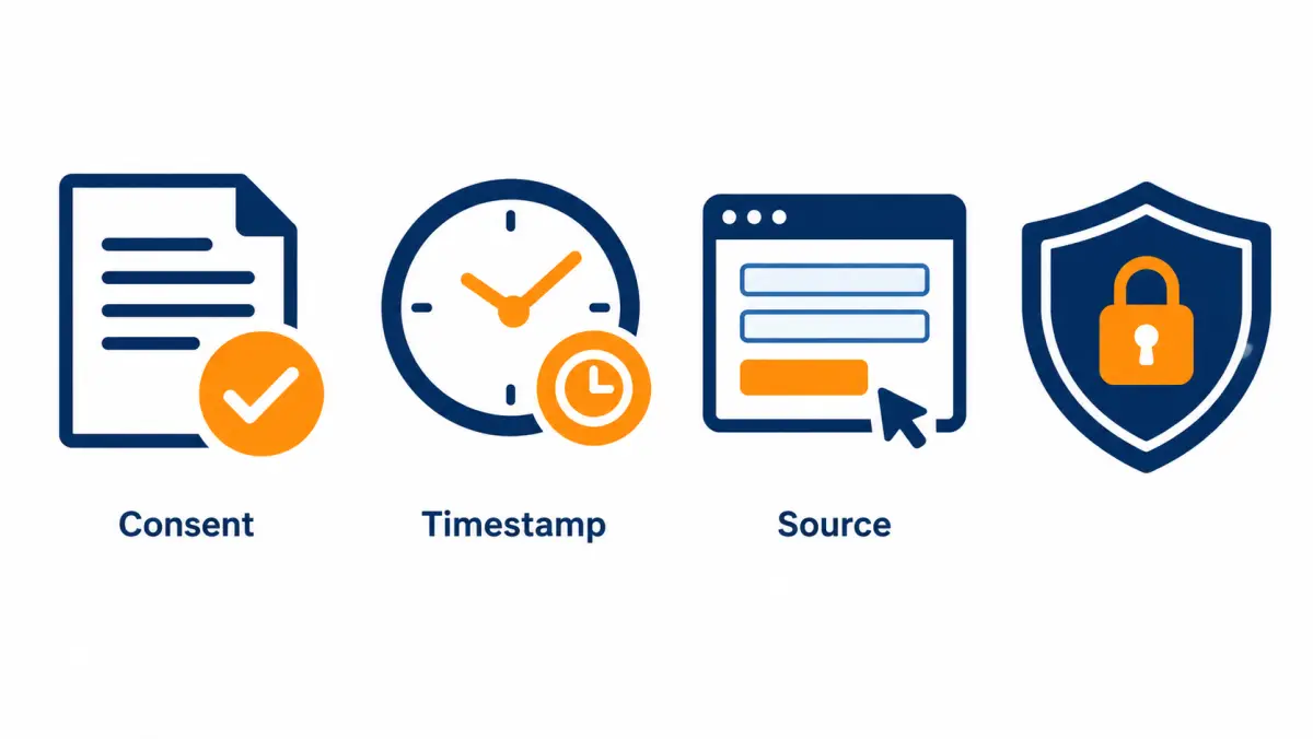 Flat illustration of a consent record with timestamp, form and shield icons