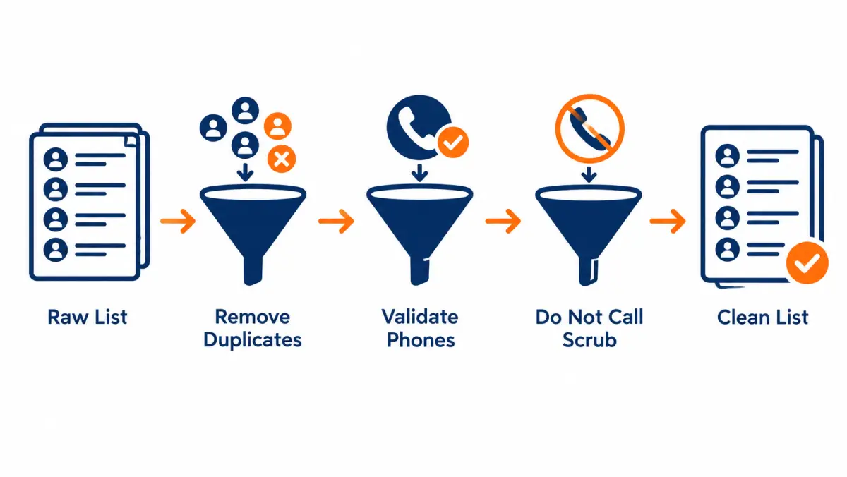 Process diagram of de-duplication, phone validation and do-not-call scrubbing