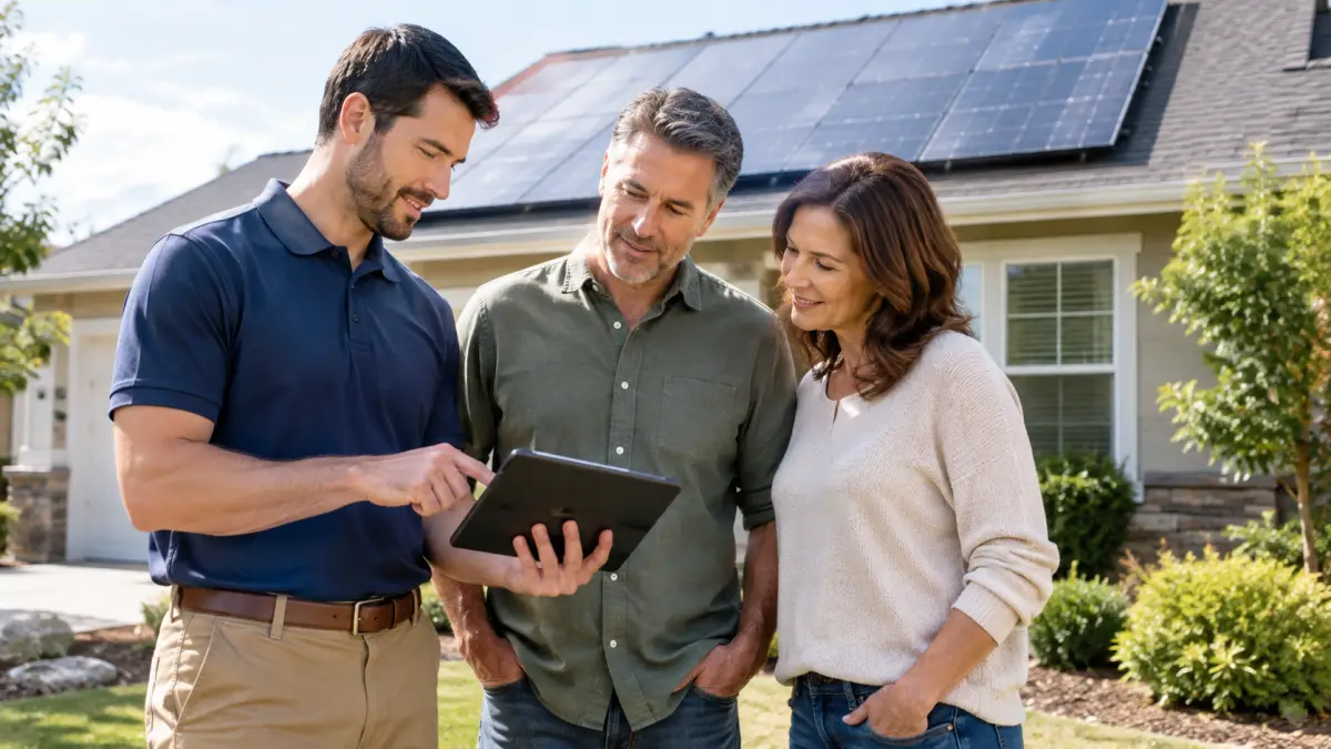 Solar consultant showing a tablet to a homeowner couple outside their home
