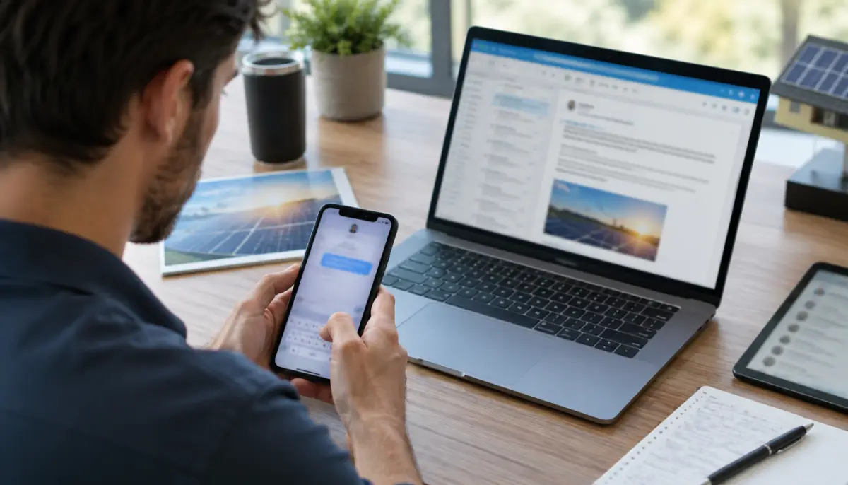 Solar sales rep sending a follow-up text from a phone with an email open on a laptop