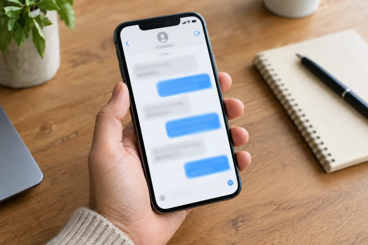 Phone showing a text conversation on a desk