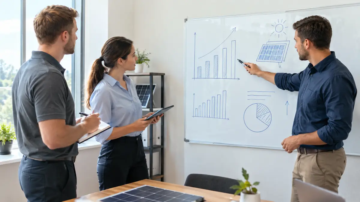 Solar sales manager reviewing a whiteboard with two reps