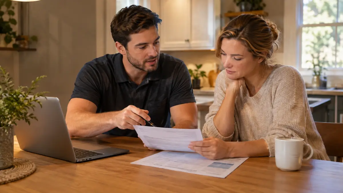 Solar consultant at a kitchen table reviewing a utility bill with a homeowner