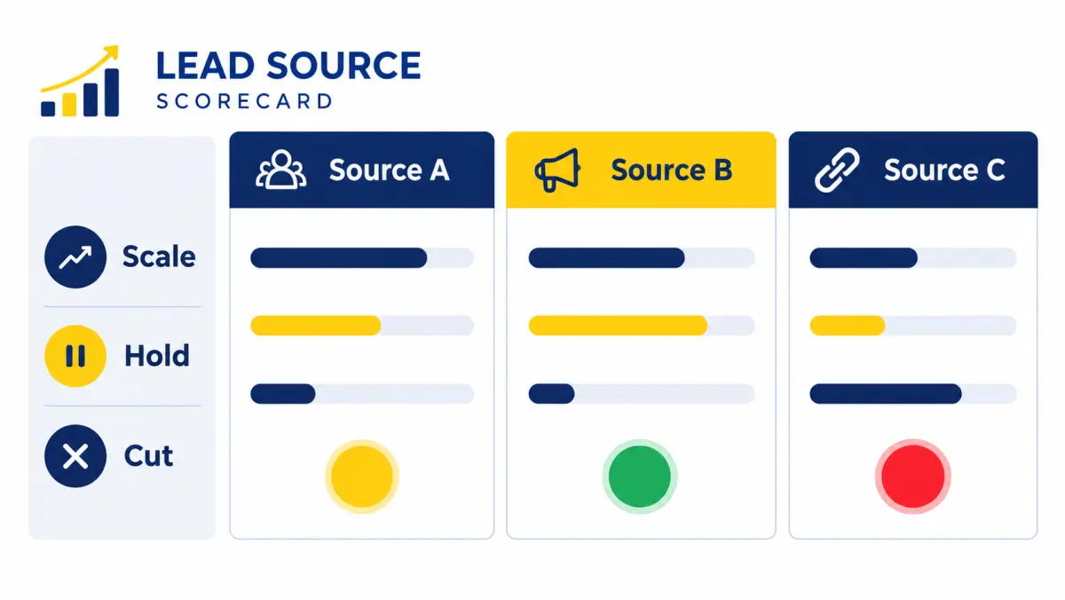 Scorecard comparing three lead sources with scale, hold and cut indicators