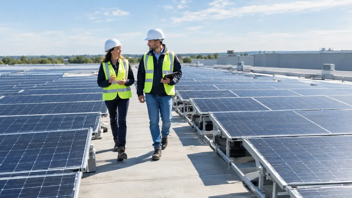 Solar developer and facilities manager walking between rows of panels on a commercial warehouse roof