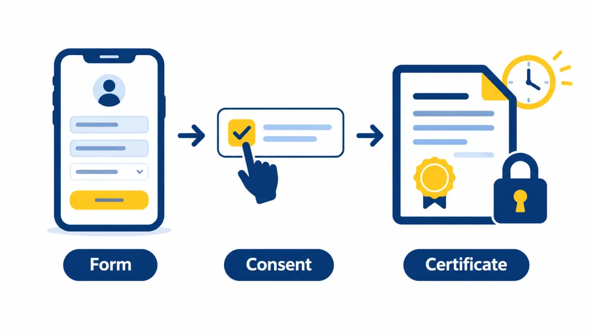 Web form with a consent checkbox flowing into a timestamped consent certificate