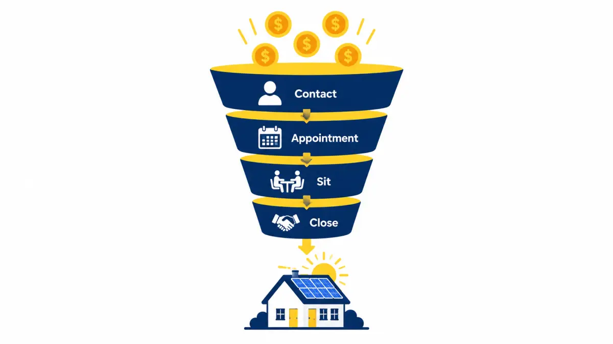 Funnel showing contact, appointment, sit and close stages turning lead spend into a solar sale