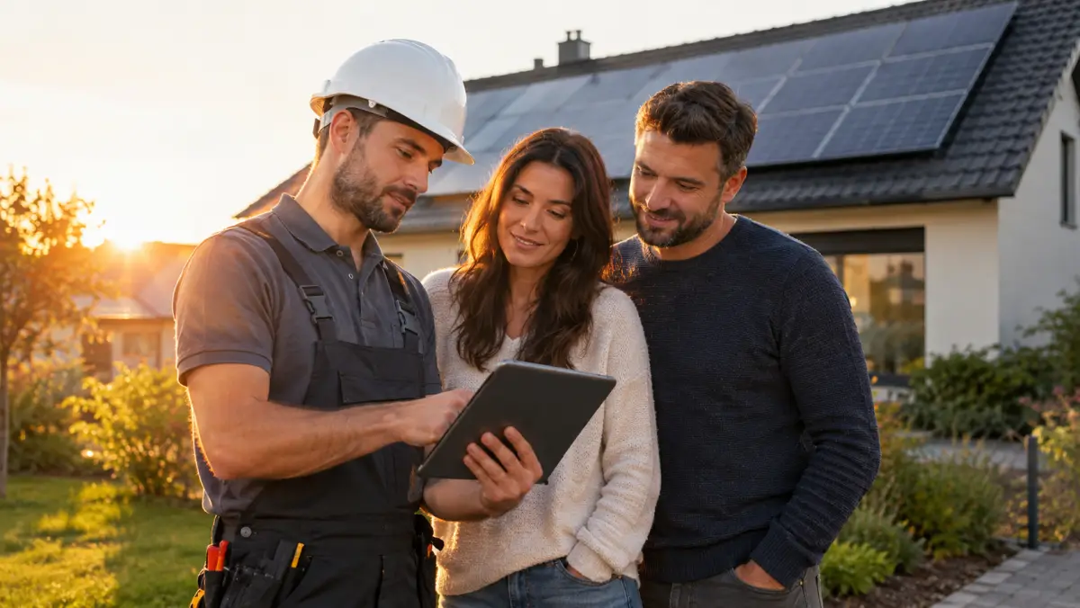 Solar installer reviewing a tablet with a homeowner couple in front of a house with rooftop solar panels
