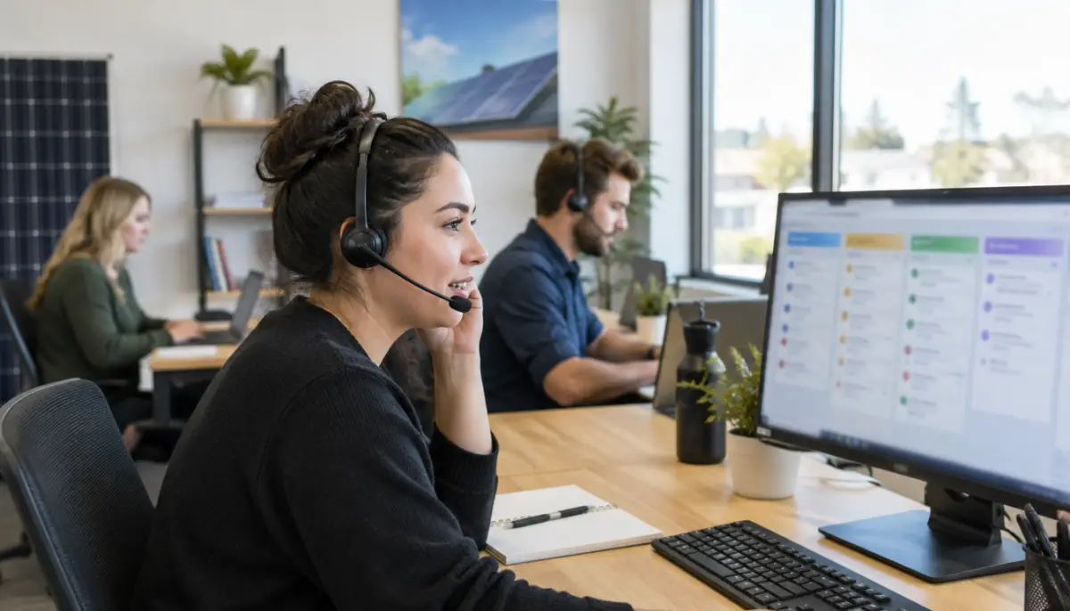 Solar sales setter on a headset working leads with a CRM dashboard on screen