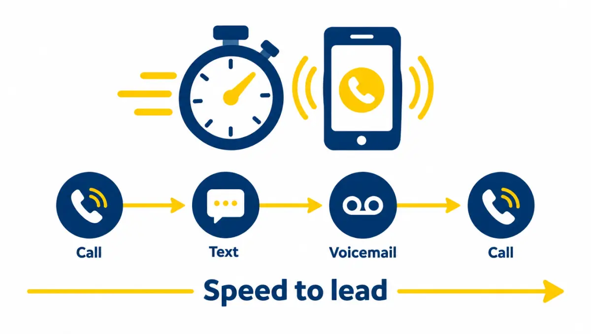 Stopwatch and phone with a call, text and voicemail follow-up sequence