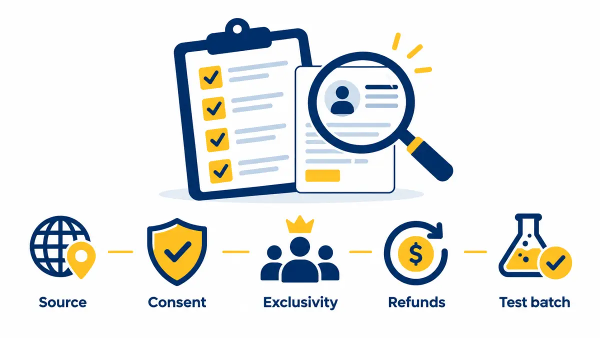 Checklist and magnifying glass inspecting a solar lead card for source, consent, exclusivity and refunds