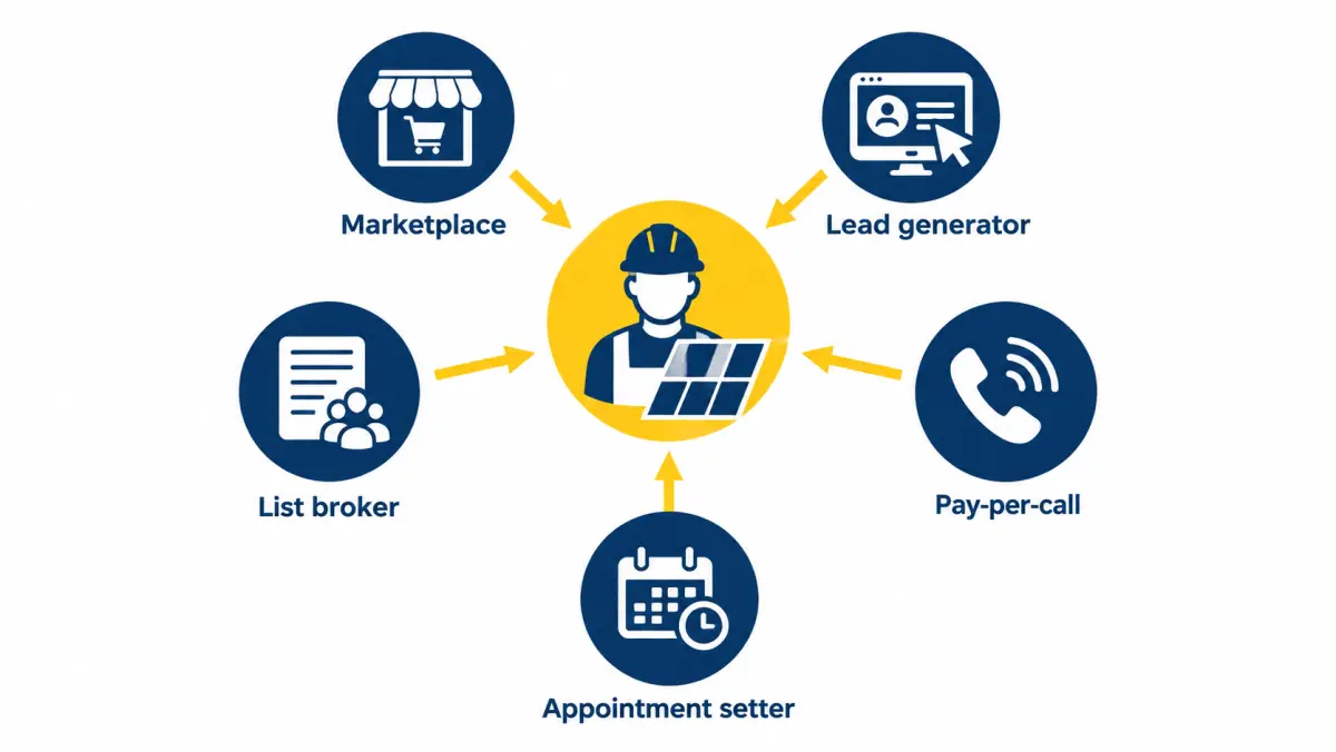 Diagram of five places to buy solar leads around a solar installer