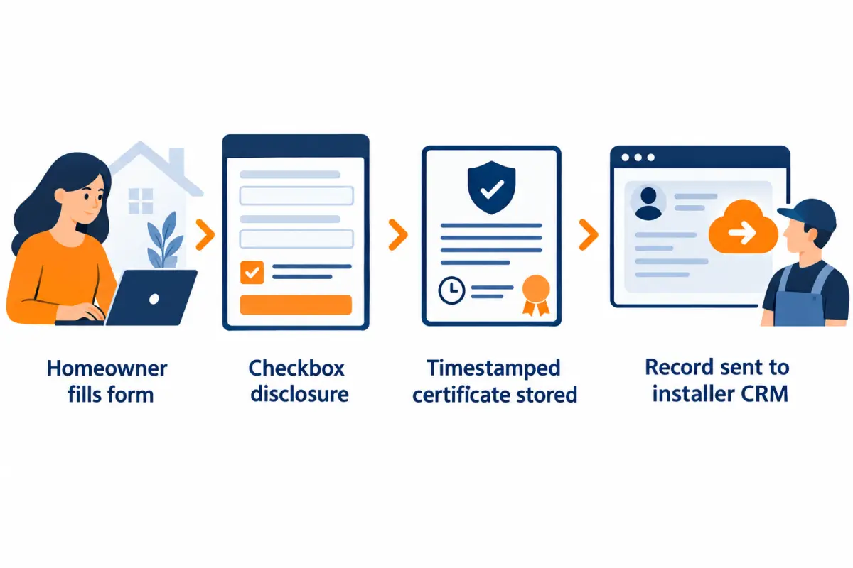 Diagram of a web form consent capture flow from homeowner form to stored certificate to CRM