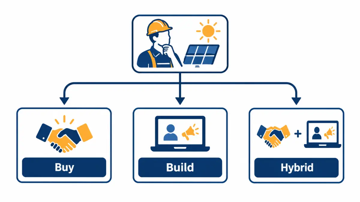 Decision tree for a solar installer choosing between buying leads, generating leads in-house, or a hybrid mix