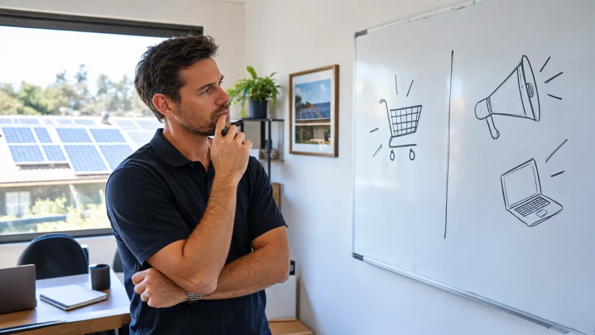 Solar company owner at a whiteboard weighing bought leads against an in-house marketing program
