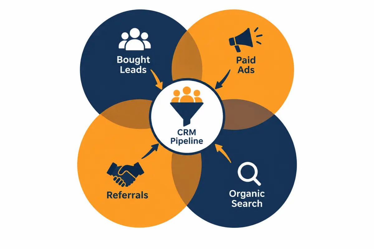 Diagram of a hybrid solar lead model blending bought leads, paid ads, referrals and organic search into one pipeline
