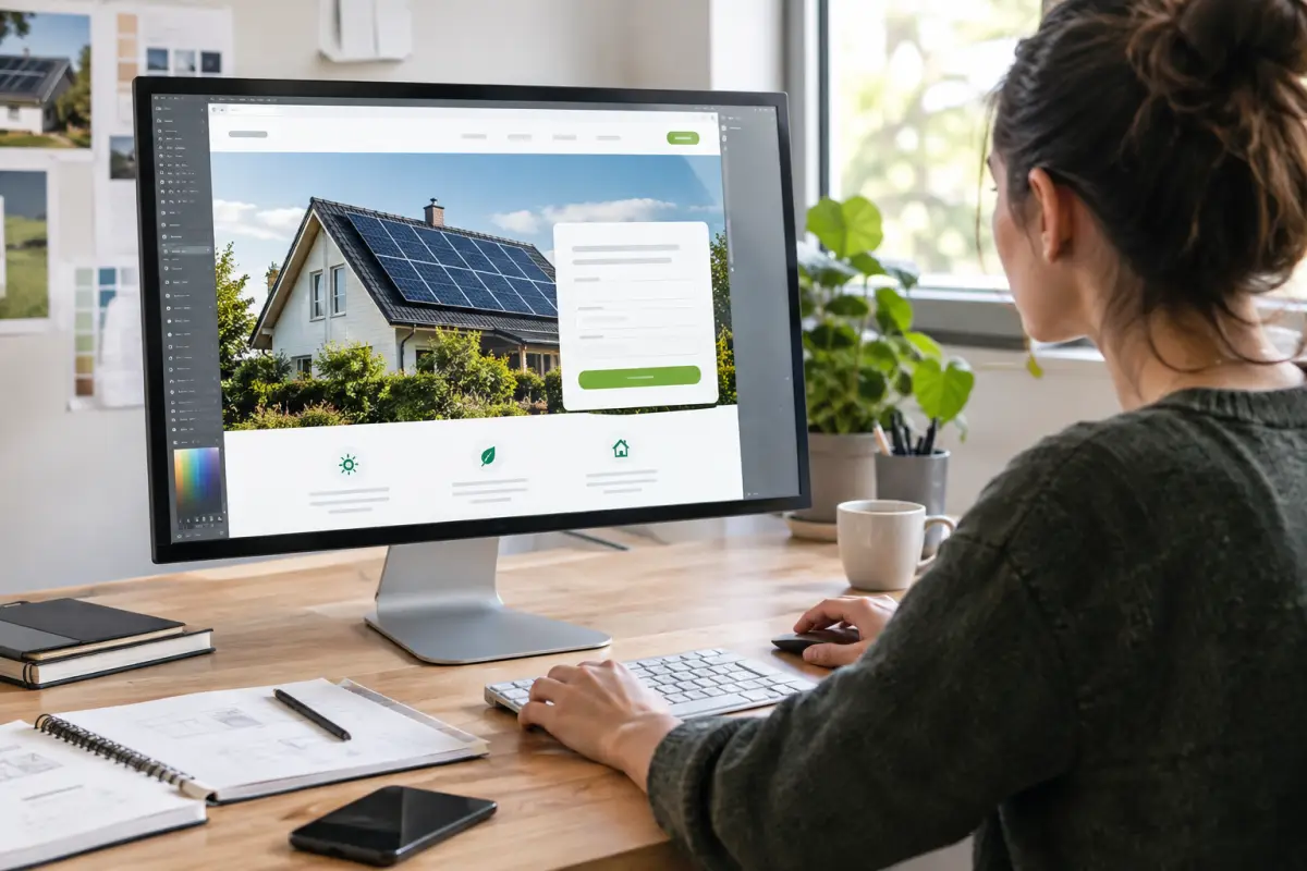 Web designer building a solar quote landing page on a large monitor