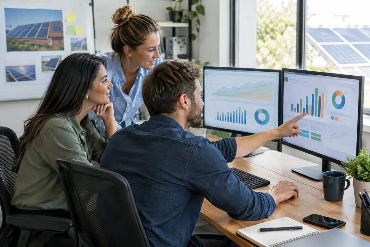 Small in-house marketing team reviewing campaign dashboards at a solar installer office