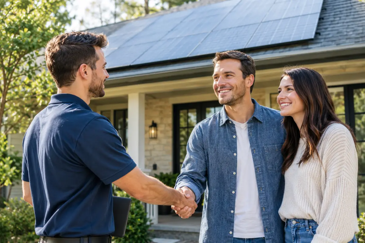 Solar consultant shaking hands with a homeowner couple on the porch of a home with new rooftop solar