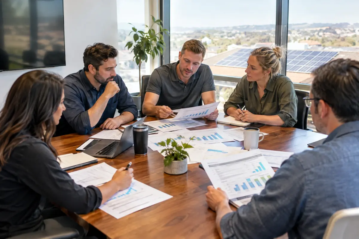 Regional solar installer operations meeting reviewing pipeline reports around a conference table