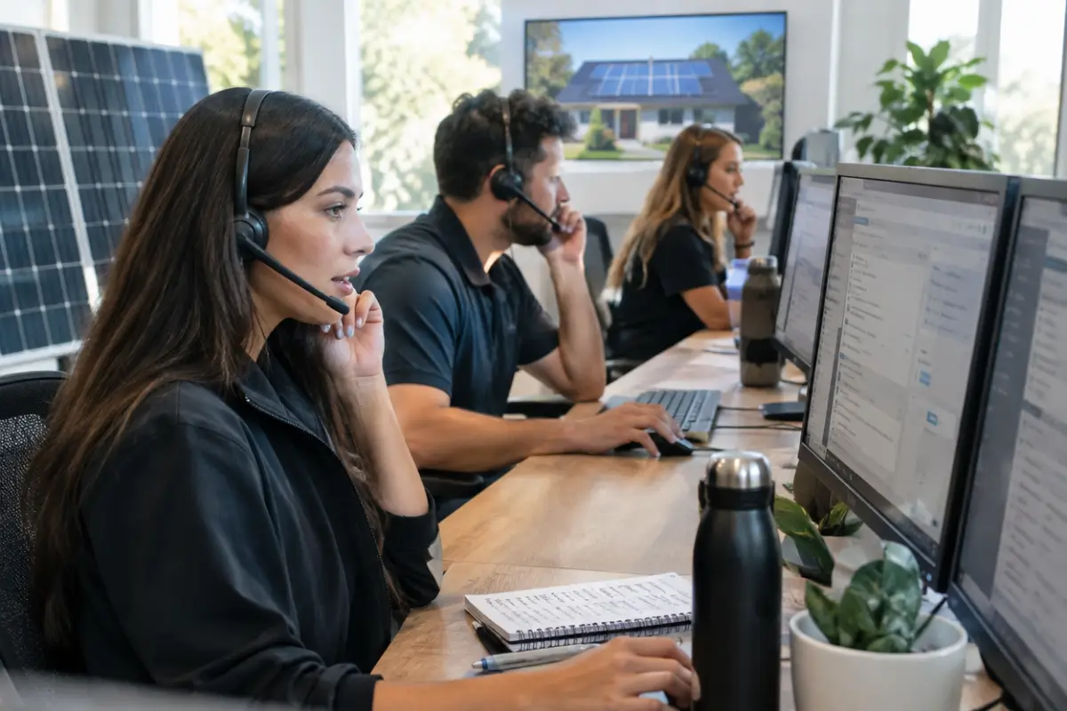 Appointment setters wearing headsets making calls in a solar company call room