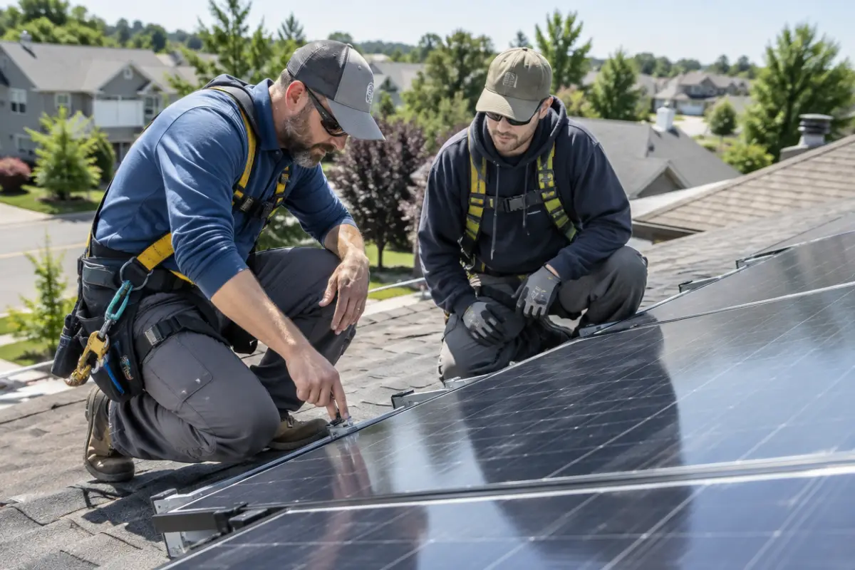 Owner-operator of a small solar company on a residential roof with one crew member