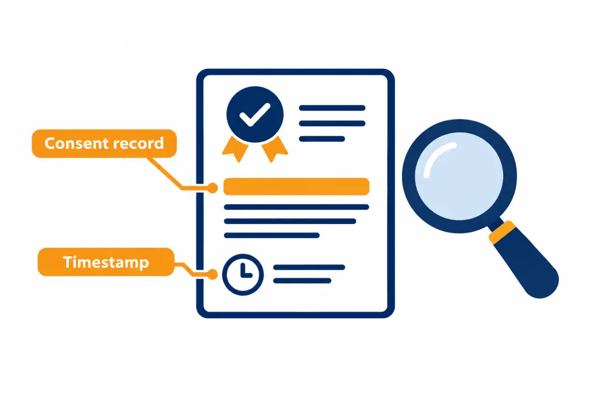 Illustration of a consent record document with a timestamp icon and highlighted company name line