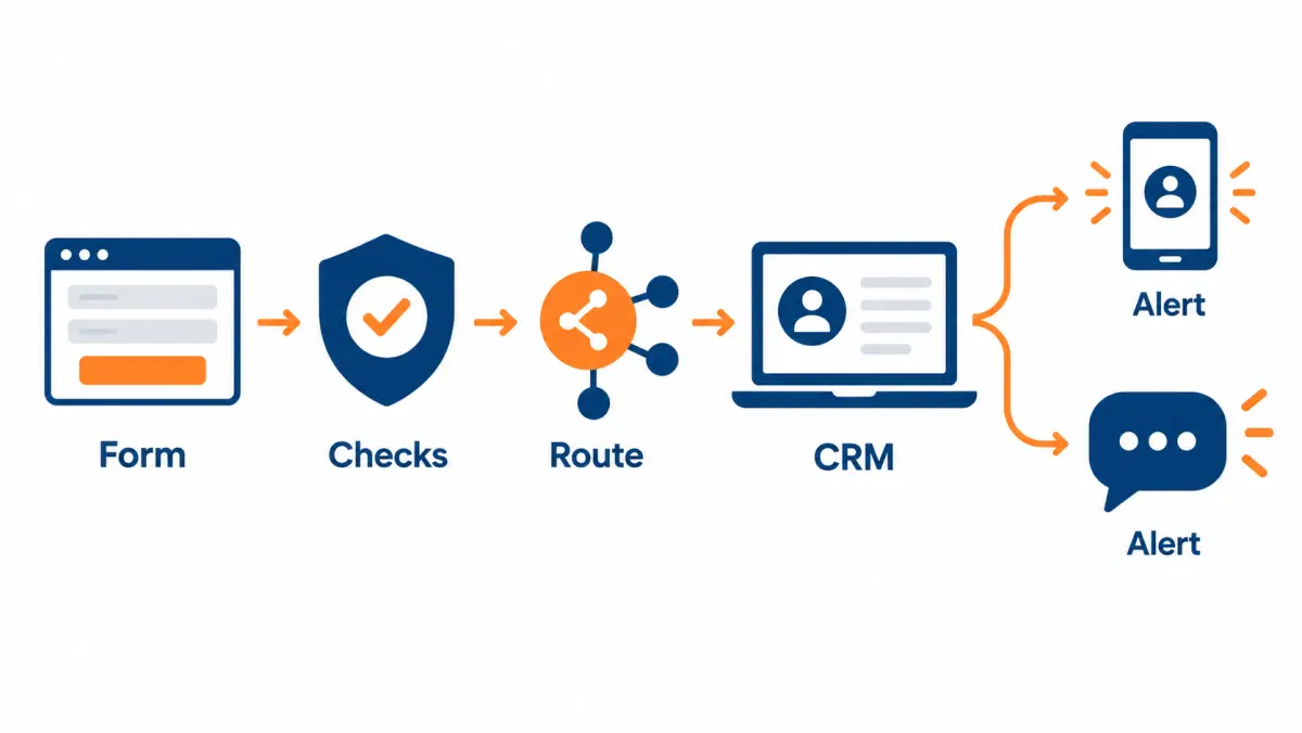 Flow diagram showing a web form passing checks, then routing to one CRM with an instant alert to the rep