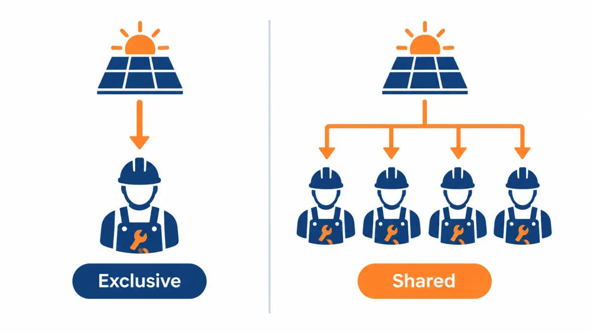 Comparison diagram showing one lead going to one installer for exclusive versus one lead splitting to several installers for shared