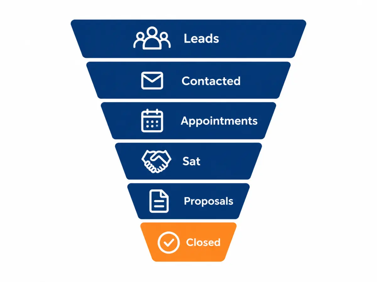 Sales funnel with six layers from leads to closed sales