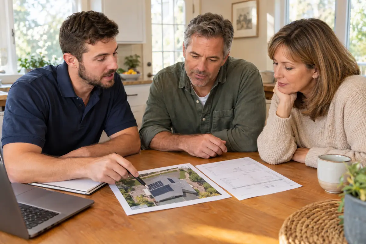 Solar consultant at a kitchen table with a homeowner couple reviewing a roof layout and electric bill