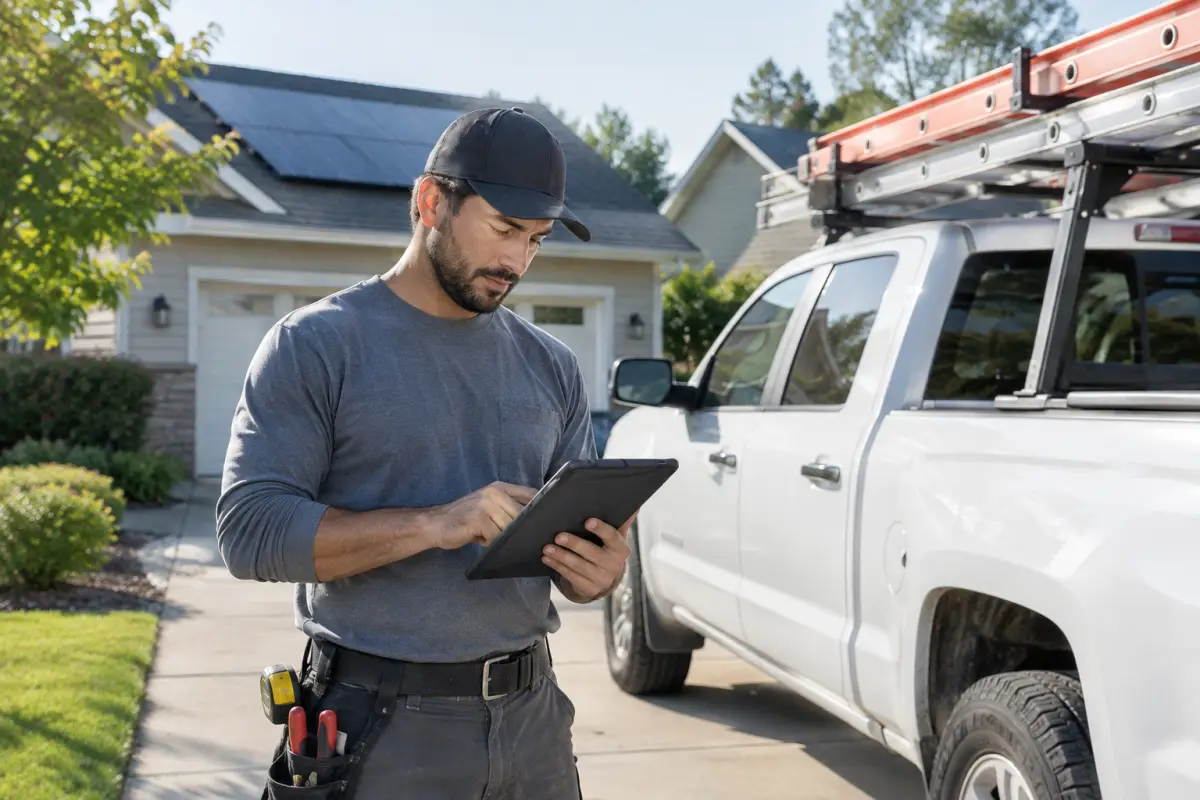 Small solar company owner reviewing a new lead on a tablet beside a work truck in a suburban driveway