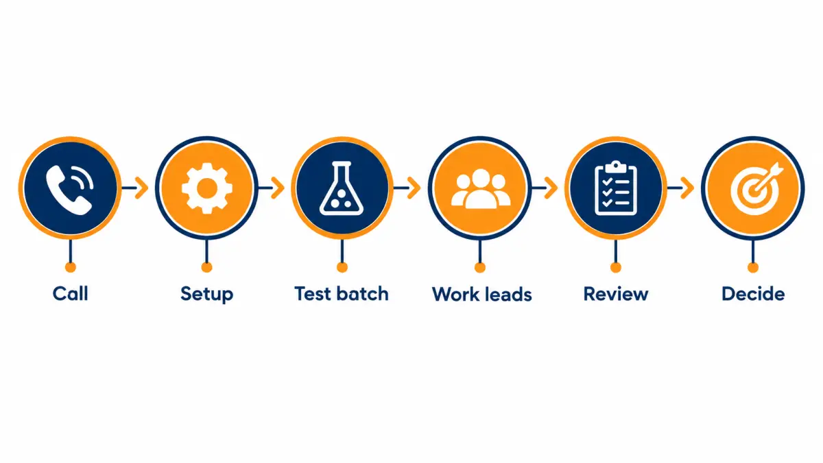 Timeline with six milestones from first call through setup, test batch, working leads, review and decision