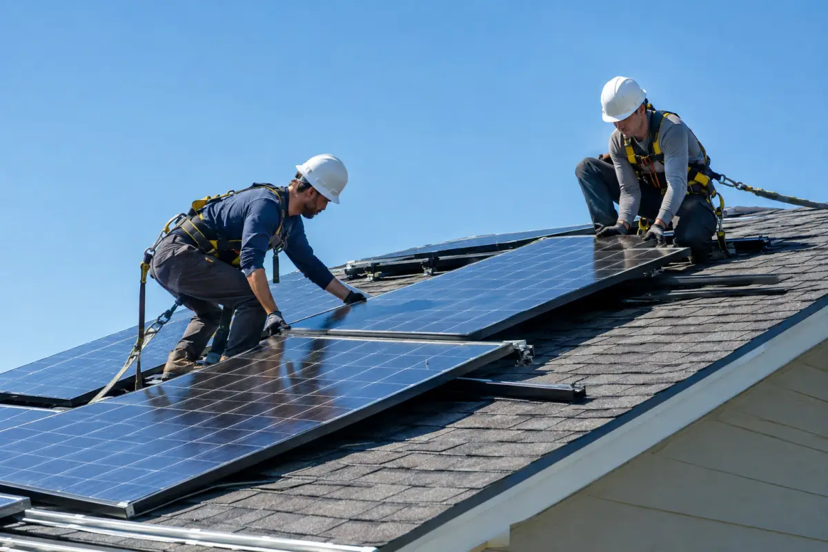 Two solar installers mounting panels on a pitched residential roof under a clear sky