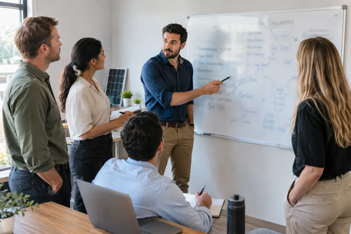 Small solar sales team gathered around a whiteboard for a morning huddle