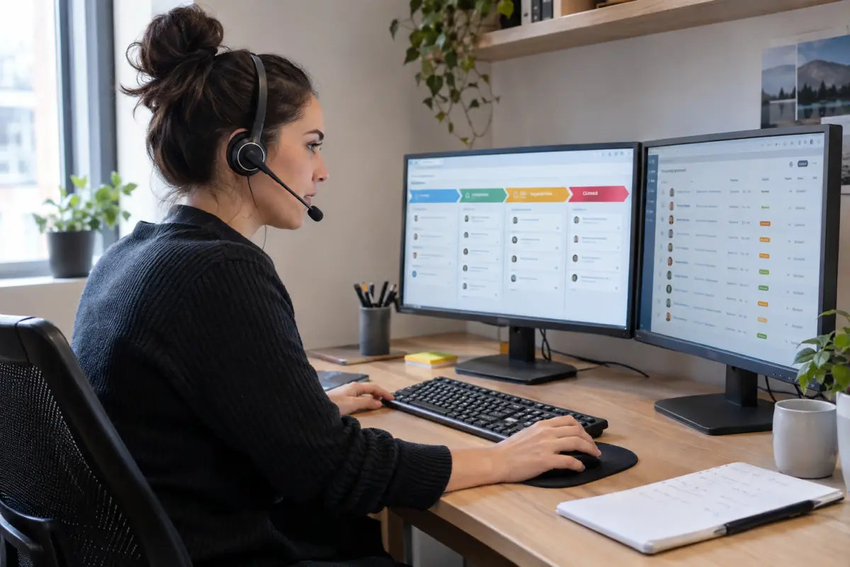 Appointment setter in a headset at a desk with a CRM pipeline on two monitors