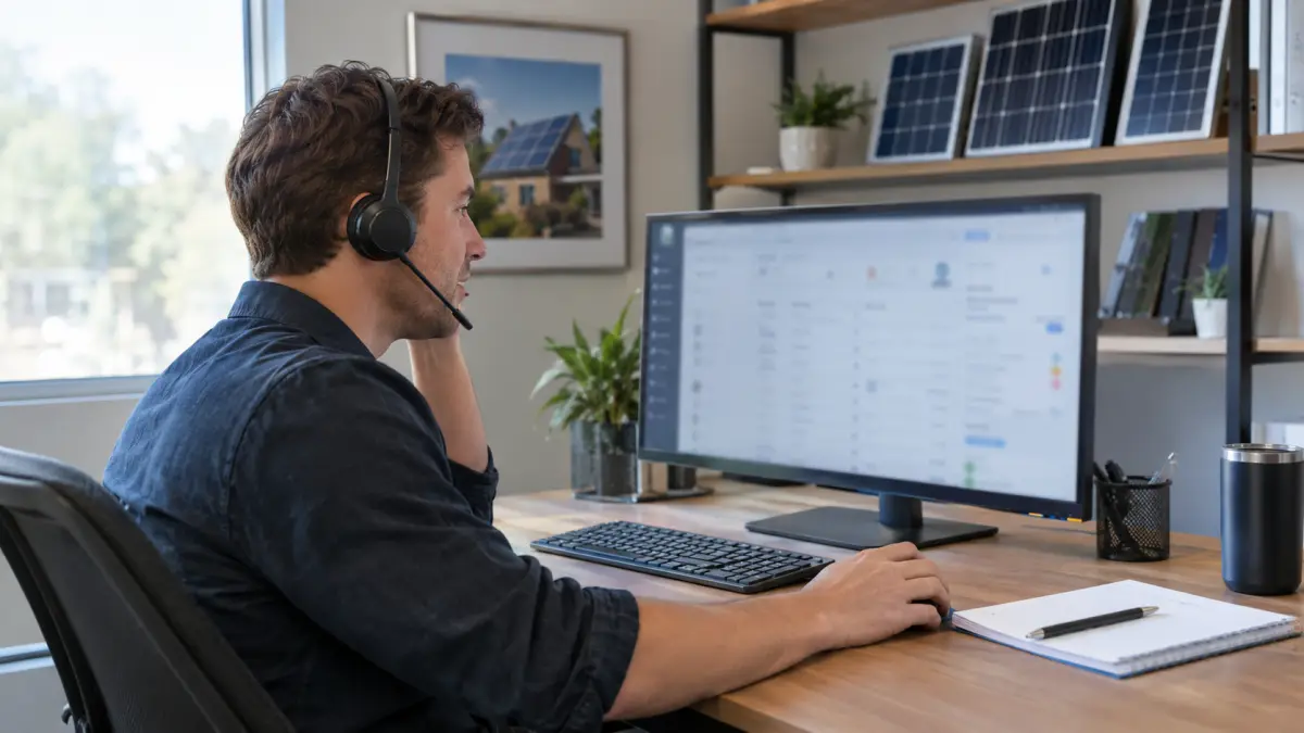 Solar sales rep in a headset calling a new lead right away at a desk with a CRM on screen