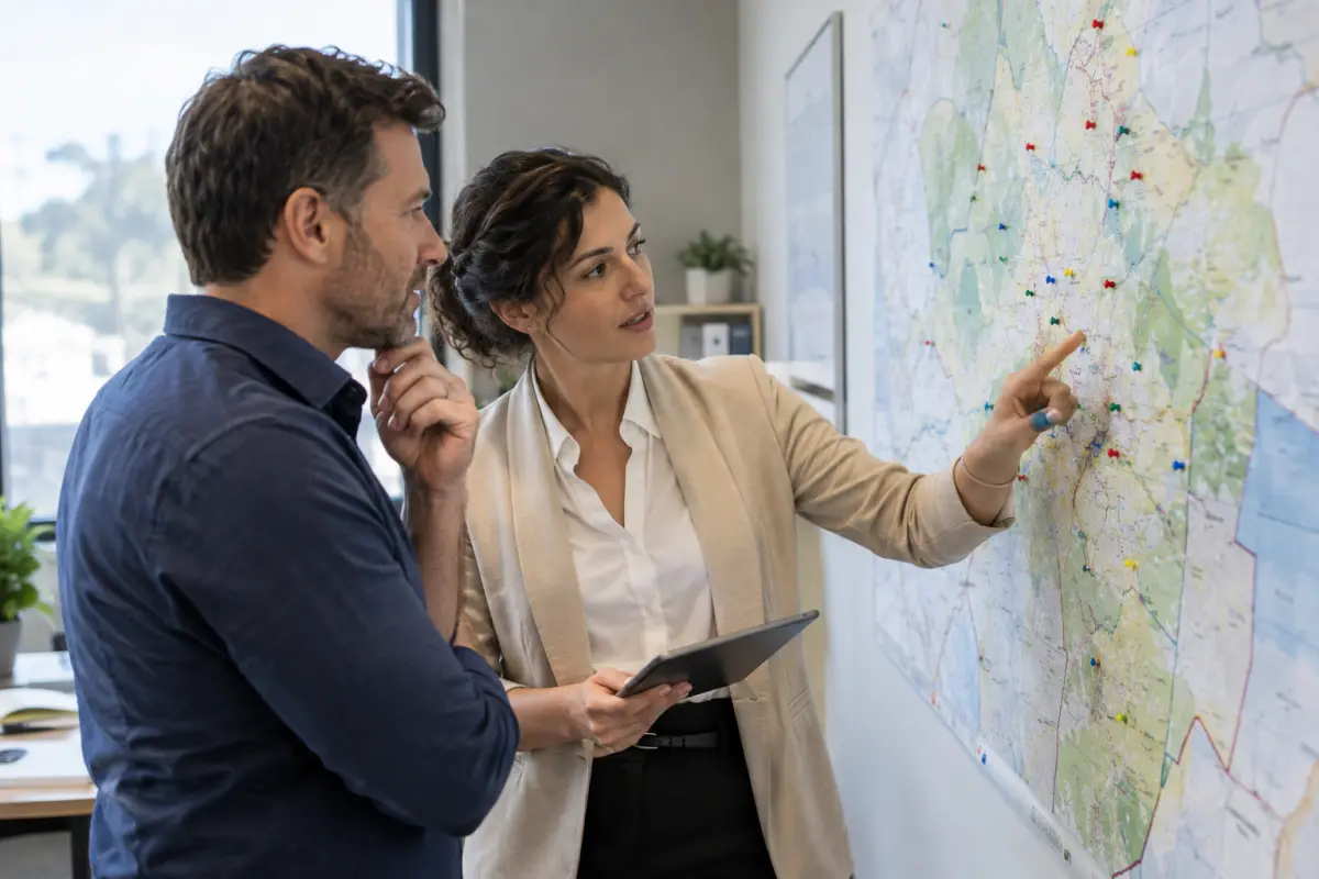 Solar manager and sales lead reviewing a printed county map pinned to an office wall