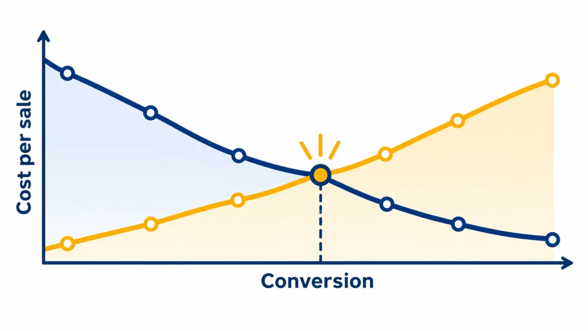 Diagram showing two cost lines crossing at a break-even point as conversion rate rises