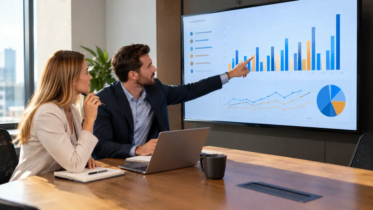 Sales manager reviewing a CRM dashboard on a monitor with a closer at a desk