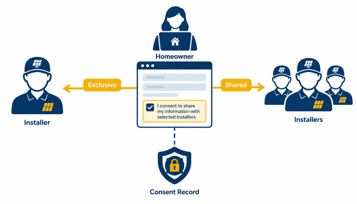 Diagram contrasting a consent form linked to one company with a consent form linked to several companies