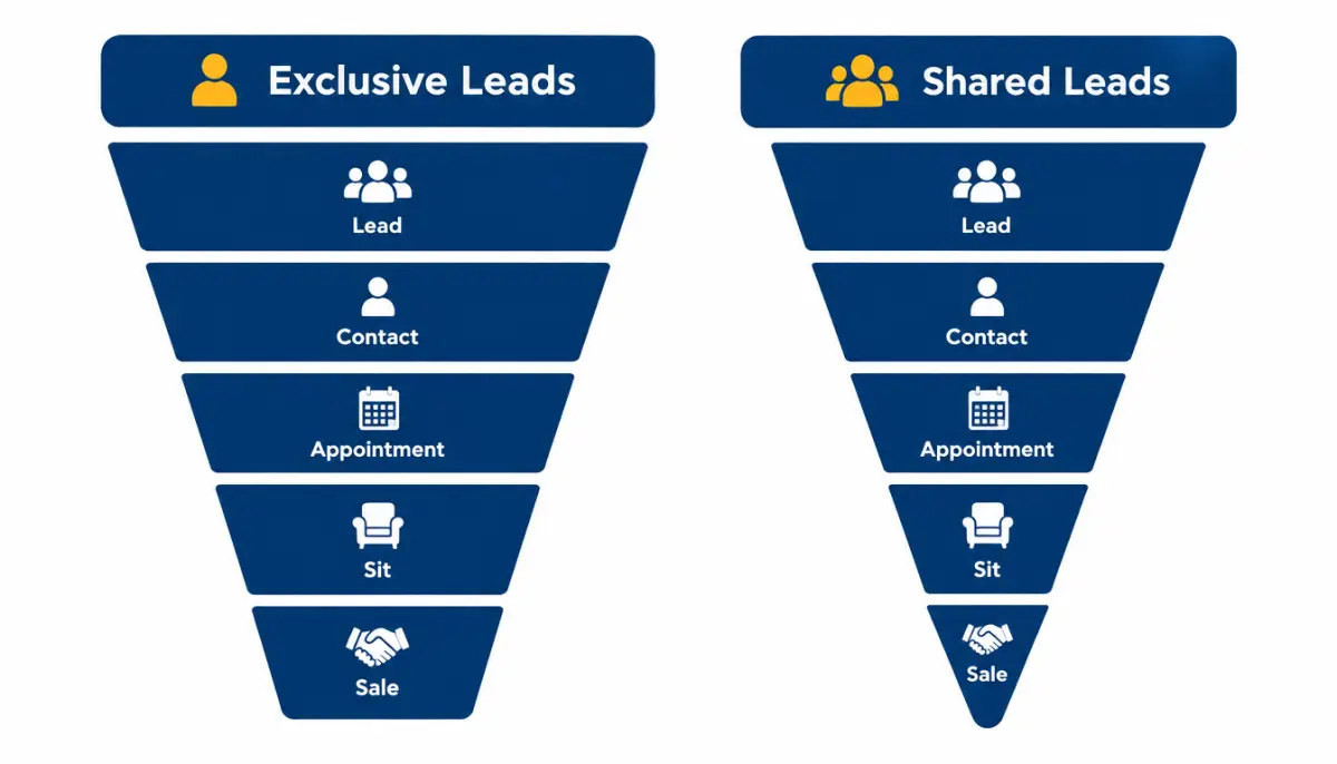 Funnel diagram showing leads narrowing through contact, appointment, sit and sale stages for two lead sources side by side
