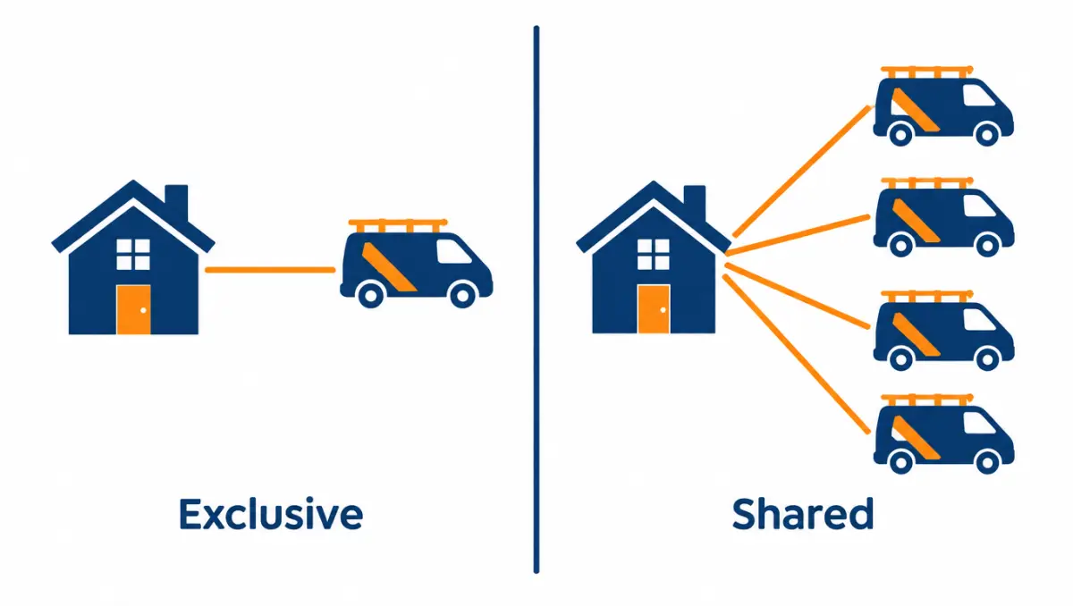 Diagram comparing one homeowner connected to one installer for exclusive leads with one homeowner connected to several installers for shared leads