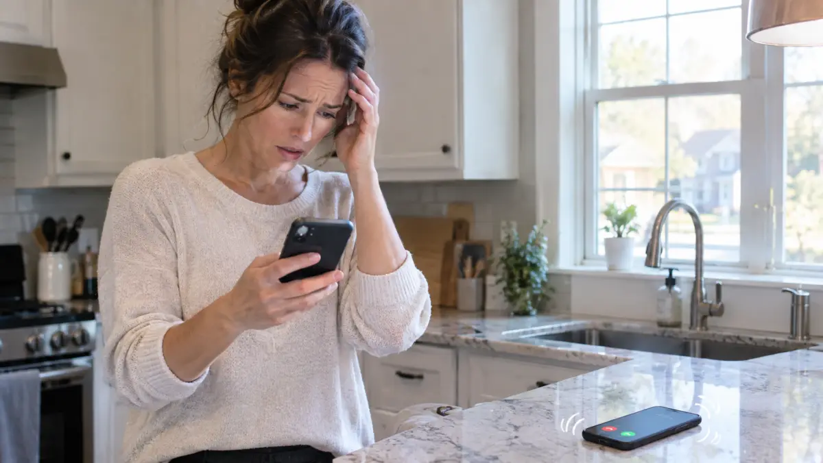 Homeowner in a kitchen looking at a phone with several incoming call notifications